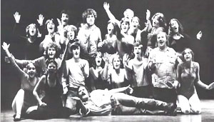 black and white photo of SUNY Ulster Theater students on stage in Early Days