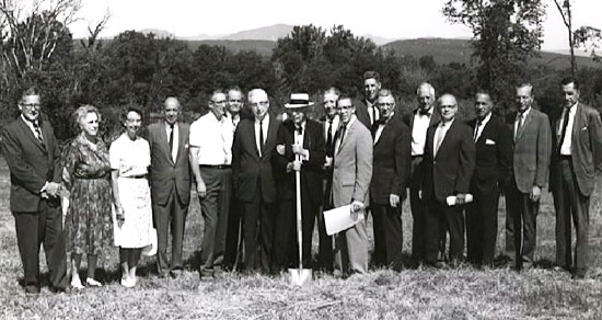 Black and white image of people dressed formally at Stone Ridge Campus Groundbreaking Ceremony in 1963