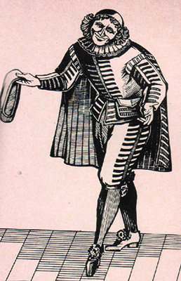 engraved illustartion of Moliere Sganarelle, smiling, in traditional costume