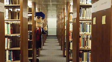 senator mascot in library stacks
